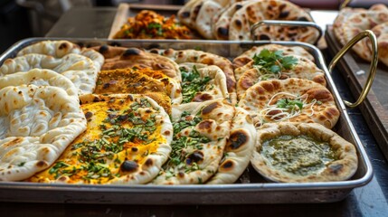 Wall Mural - A tray of assorted Indian breads including roti, naan, and paratha, freshly baked and served hot