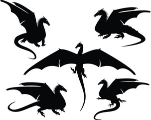 Wall Mural - mythical dragon serpent black and white vector silhouette set - flying, crawling and standing fantasy creatures