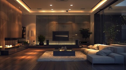 Poster - A contemporary living room showcasing smart home technology with automated lighting and a fireplace. Generative AI