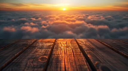 Sticker - Wooden table top with view of sunset above the clouds. Product display background