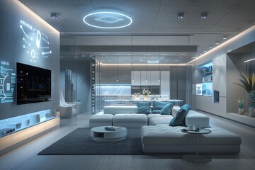 Fototapete - A sleek and contemporary living room in a modern smart home. The space features AI-driven devices, automated lighting, and a focus on comfort and technology. Generative AI
