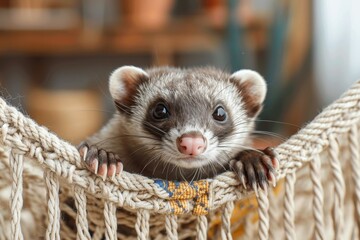 A playful ferret lounging in a small hammock, with its paws hanging over the edge. The background shows a cozy indoor setting 