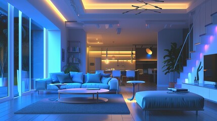 Poster - A contemporary living room in a smart home showcasing automated lighting, voice assistants, and security systems, with a focus on comfort and technological integration. Generative AI