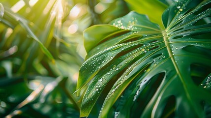 Aufkleber - Clear dewdrops on the vibrant green leaves of a tropical plant, reflecting sunlight