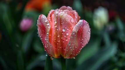Poster - Fresh raindrops on a budding tulip flower, signaling the arrival of spring