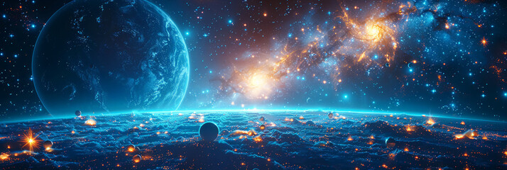 Canvas Print - cosmic landscape with glowing stars, planets, and galaxies, representing the beauty of the universe.