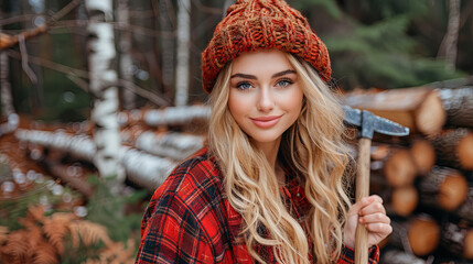 Wall Mural - A blonde woman wearing a red and black plaid shirt