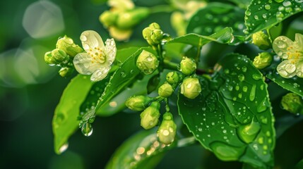 Poster - Morning dew on the leaves and buds of a blooming jasmine vine, capturing its natural allure