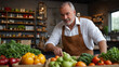 © Evgenii Starkov - Seller of fresh farm vegetables and fruits behind the counter at the market in a fresh food store.