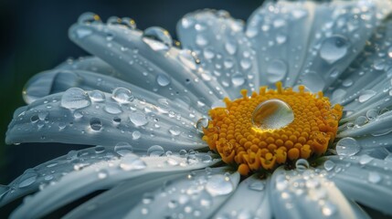 Poster - Water droplets on a daisy's white petals, enhancing its purity and freshness