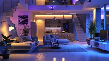 Poster - Modern smart home with AI-driven devices: automated lighting, voice assistants, & smart security. Sleek, contemporary interior design emphasizes comfort & technology. Generative AI