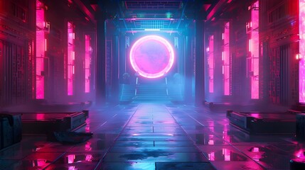Wall Mural - Futuristic Dojo with Neon Lit Training Areas and Advanced Martial Arts Equipment