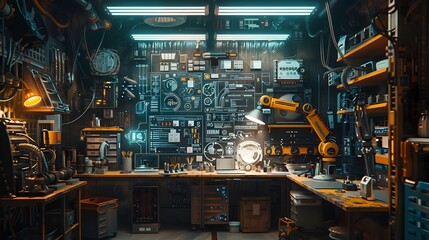 Poster - futuristic workshop with advanced tools robotic arms and holographic blueprints