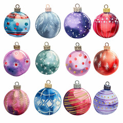 Wall Mural - A set of 12 colorful Christmas ornaments, including blue, red, and purple