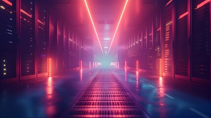 Poster - sleek and futuristic high tech data center with glowing servers and advanced cooling systems