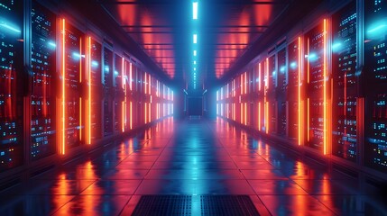 Poster - glowing servers in futuristic data center with sleek modern design and cooling systems