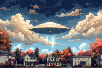 Fototapete - UFO sighting over a suburban neighborhood.