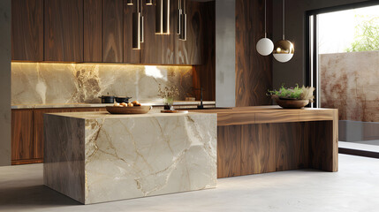 Wall Mural - A kitchen with a marble countertop and a large window