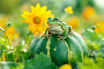 Cute frog on green pumpkin. Green tree garden and yellow flower background. Amphibian toad on pumpkin patch. Pond water animal. Summer or autumn nature landscape. Cute Halloween or Thanksgiving frog