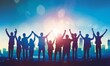© MD Media - Happy people with their arms in the air, silhouettes raised up different hands. Colored silhouette profiles. Raised hands blessing praying worship, Hope, freedom, Diverse, Faith, Praise
