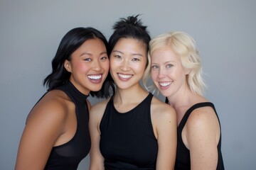 Wall Mural - Three Multi Ethnic Group of Womans with diffrent types of skin and age groups together and looking on camera. Diverse ethnicity women - Caucasian, African and Asian posing and smiling.