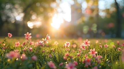 Canvas Print - Blooming Flowers Symbolize Spring s Renewal in Urban Park Landscape