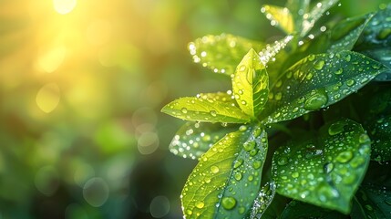 Poster - Dew Drops on Fresh Green Leaves at Dawn Reflecting the Morning Light Embracing the Energy of New Beginnings