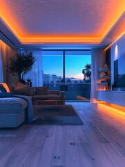 Poster - A modern smart home interior features AI-driven devices, automated lighting, and smart security systems. Sleek and contemporary design with a focus on comfort and technology. Generative AI