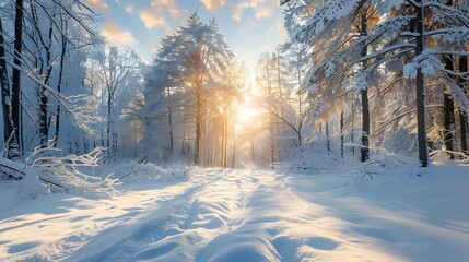 Canvas Print - Pristine Winter Forest Landscape with Peaceful Sunrise Glow and New Beginnings Concept