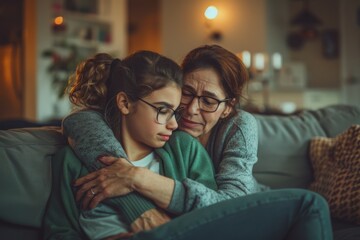 A mother comforting her daughter, sitting on the couch in their living room with tears. support, diversity and autism with mother and child hugging at home together