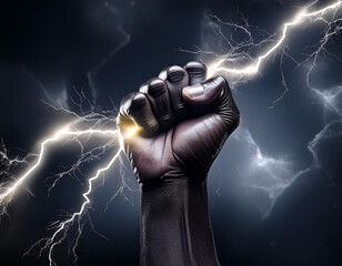 hand holding up a lightning bolt. energy and power. stormy background. blue glow. zeus, thor