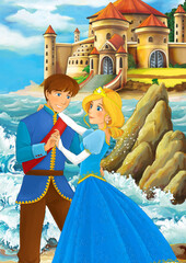 Wall Mural - Cartoon scene with sea or ocean and loving couple prince and princess or king and queen on the shore near the castle meeting human illustration for children