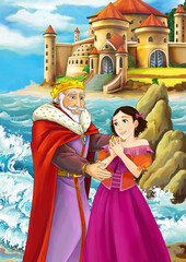 Wall Mural - Cartoon scene with sea or ocean and loving couple prince and princess or king and queen on the shore near the castle meeting human illustration for children