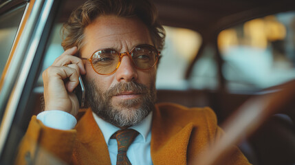 Wall Mural - a man in a suit and tie talking on a cell phone while sitting in seat of a car.