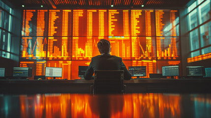 Poster - finance professionals analyzing stock exchange data and currency exchange rates, with comprehensive market reports and charts.