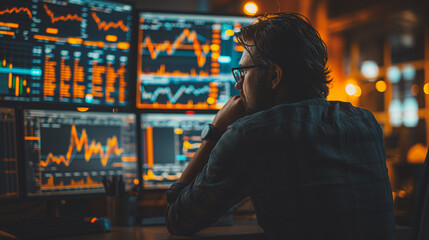 Poster - Brokers in an office, deeply involved in stock market analysis, surrounded by screens showing financial graphs and exchange rates.