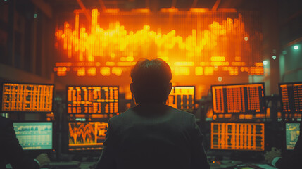Poster - Brokers in an office, deeply involved in stock market analysis, surrounded by screens showing financial graphs and exchange rates.