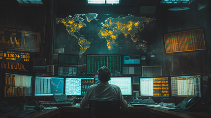 Poster - Brokers in an office, deeply involved in stock market analysis, surrounded by screens showing financial graphs and exchange rates.