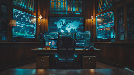 Poster - In an office, showing stock market analysis, surrounded by screens showing financial graphs and exchange rates.