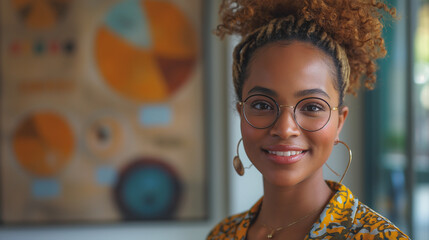 Poster - a smiling businesswoman is standing with a boardroom in background.