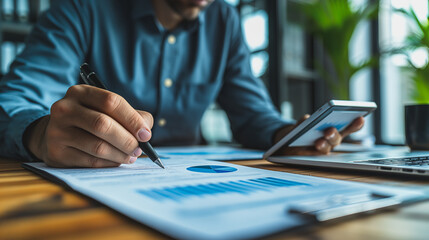 Poster - A businessman is depicted e-signing a document on a digital smartphone, with a laptop on office desk.