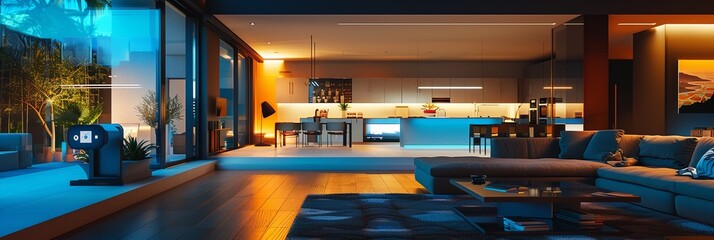 Aufkleber - A sleek, modern smart home interior featuring AI-driven devices, automated lighting, and smart security systems. The home is designed for comfort and technology. Generative AI