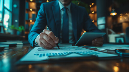 Poster - Businessman signing a document while using a tablet at an office table.
