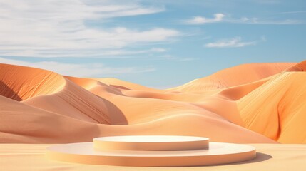 Wall Mural - An empty stage for the demonstration of goods, against the background of the desert, sand and dunes. 3D.