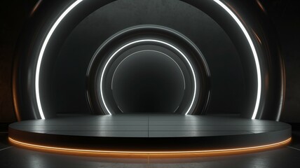 Wall Mural - An empty futuristic podium, black color, minimalism.