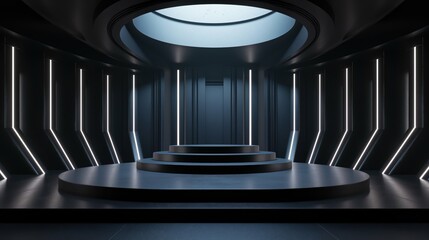 Wall Mural - An empty futuristic podium, black color, lighting with vertical lamps, minimalism.