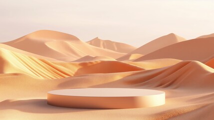 Wall Mural - An empty stage for the demonstration of goods, against the background of the desert, sand and dunes. 3D.