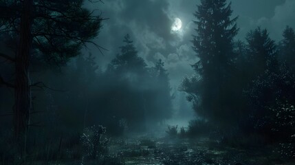 Canvas Print - Mysterious Beam of Moonlight in Dark Forest Clearing Creates Captivating Focal Point Amid Shadows