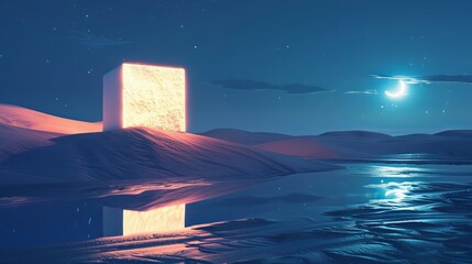 Wall Mural - A strange cube neon desert dunes water reflections night scene.3D illustration 