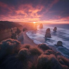 Wall Mural - AI-generated illustration of the Twelve Apostles rock formation at sunset with a vibrant sky above